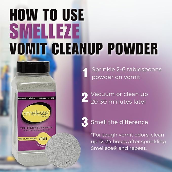 Smelleze Natural Vomit Odor Eliminator - Vomit Clean Up Absorbent Powder for Schools, Planes, Cars, Homes, Child Care, Medical & Other Facilities, 2 lb. Powder
