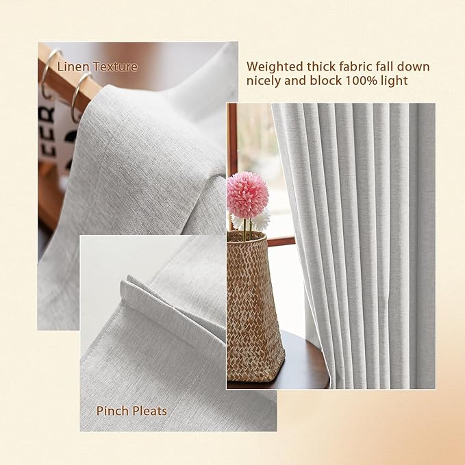 Textured Linen Double Pleats 100% Blackout Curtains for Bedroom/Living Room Blackout Curtains 108 Inches Long, Energy Saving Window Treatment Curtains,42Wx108Lx2,White Beige