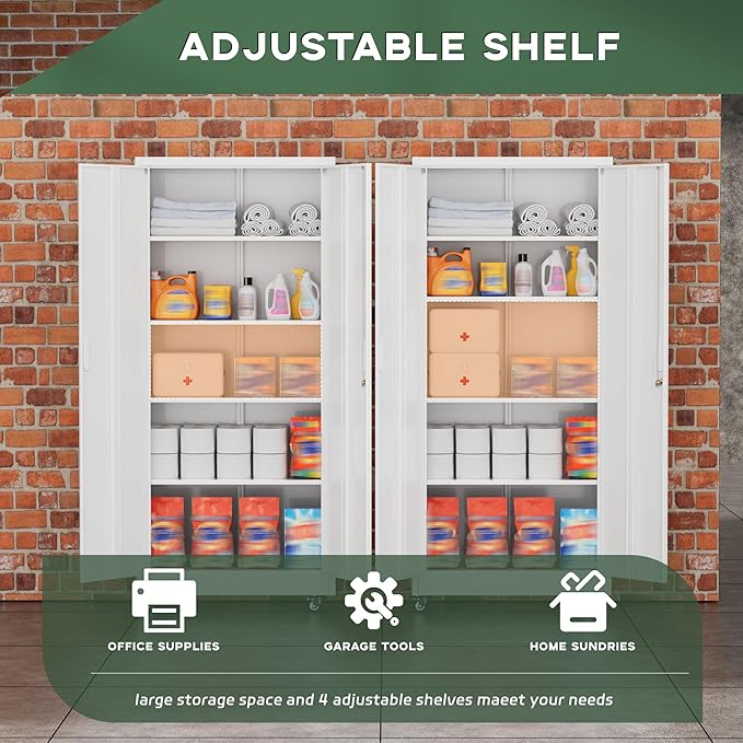 Greenvelly 73" Storage Cabinet with Wheels,Metal Rolling Garage Cabinet with Locking Doors and 4 Adjustable Shelves for Home,Kitchen,Office,Warehouse(32" W x 16" D White)