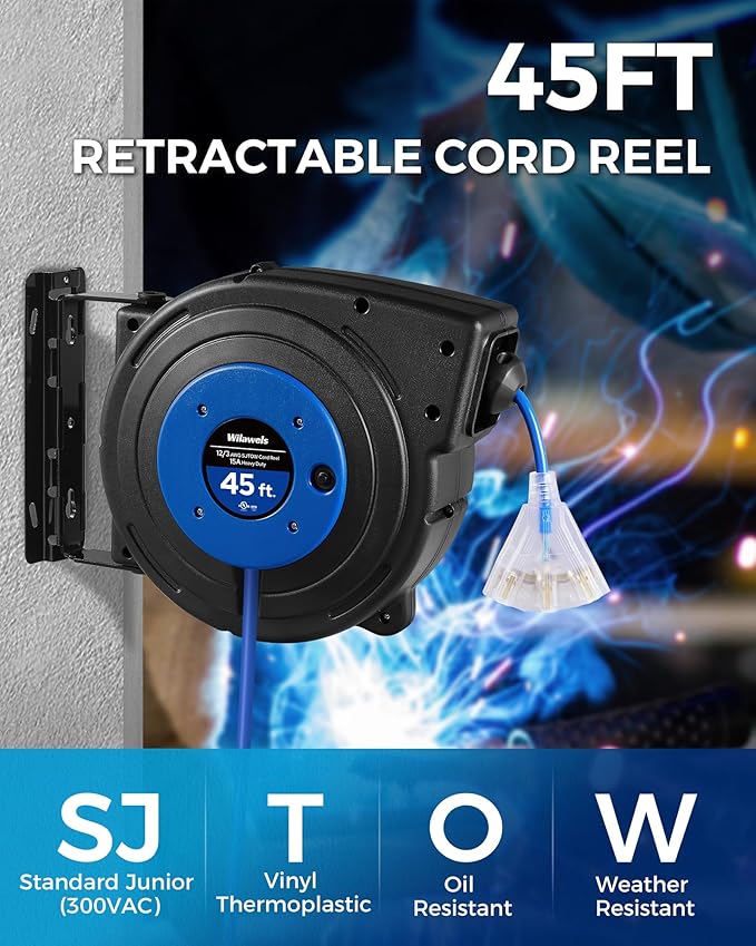 Retractable Extension Cord Reel, 45 FT Heavy Duty Power Cord, 12AWG/3C SJTOW, 3 Grounded Outlets Lighted Triple Tap, 15 Amp Circuit Breaker, UL Listed, Blue U45CR06