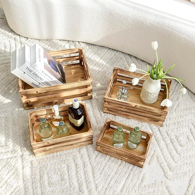 Large Torched Wood Storage Crates Decorative, Set of 4 Nesting Wooden Crates for Display Rustic, Farmhouse Wooden Storage Container Boxes Made from 100% Wood