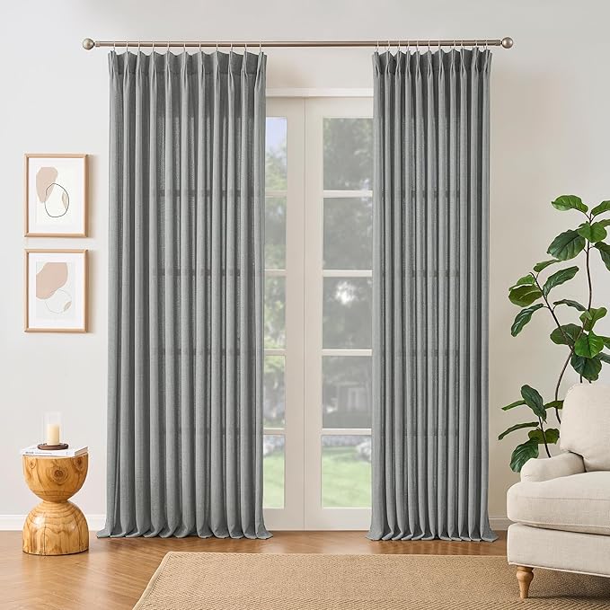 RAIN CITY Grey Linen Curtains 86 Inch Length 2 Panels, Soft Thick Linen Textured Window Drapes for Bedroom Living Room Semi Sheer Light Filtering Back Tab Pinch Pleated with Hooks 50x86