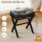 18-Inch Leather Vanity Stool Chair, Vanity Bench with Metal X-Leg, Ottoman Accent Stool with Thick Padded Saddle Seat, Black