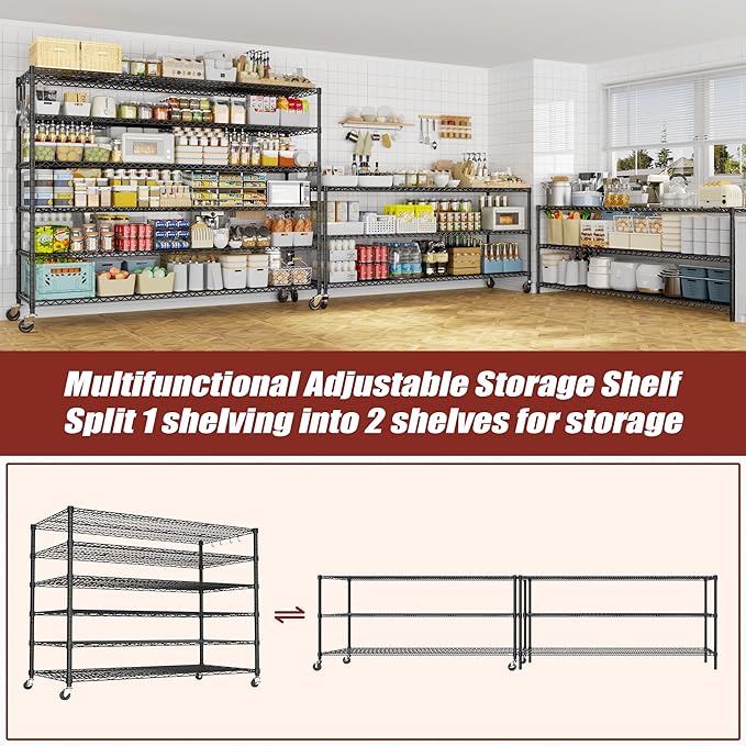 PrimeZone 6 Tier 80.7" H x 55.5" W x 24" D Wire Shelving with Wheels 3600lbs NSF Certified Storage Shelves Heavy Duty Metal Shelf Adjustable Rolling Rack Commercial Garage Restaurant Warehouse 2pcs