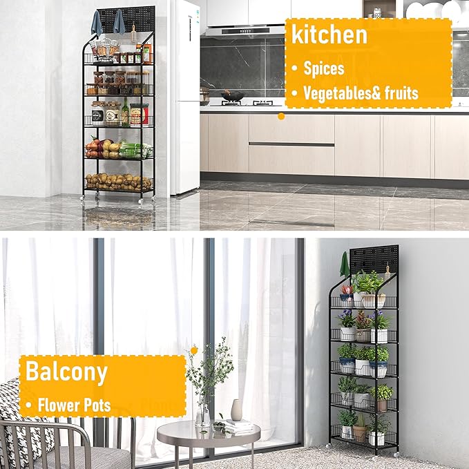 Retail Snack Display Stand,5-Tier Black Metal Storage Shelf Brackets with Wheels & Hooks,Metal Storage Shelves Heavy Duty, Retail Display Shelves Racks,Snack Organizer Stand Display Supplies