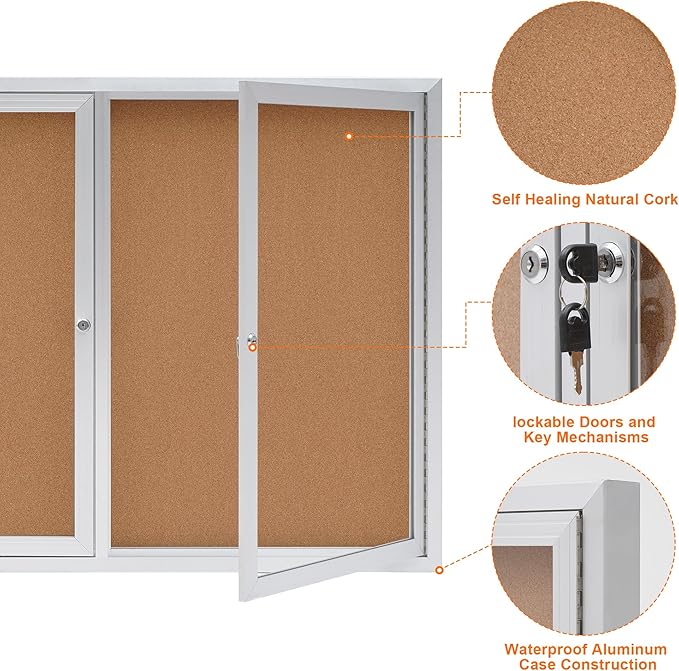 Enclosed Bulletin Board,Outdoor Bulletin Board,43.3 * 31.5’’ Lockable Cork Noticeboard with Aluminum Frame,Weatherproof Display Cases for School, Office,Commercial