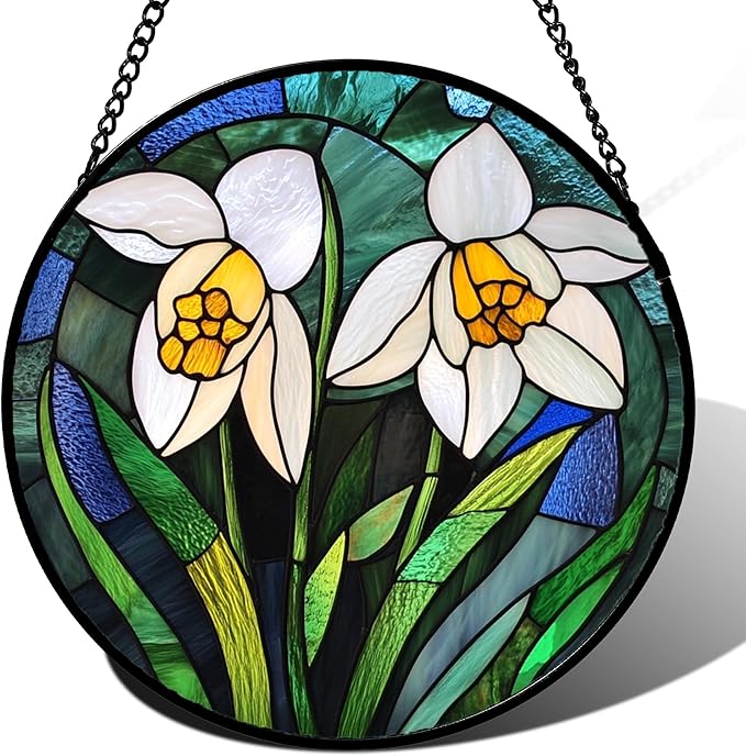 Stained Glass Window Hanging - White Snowdrops Birth Flowers Suncatcher for Doors Garden Patio Sun Catchers Decor Christmas Mother's Day Birthday Gifts for Women Men Mom Nana Friend 11.8 in