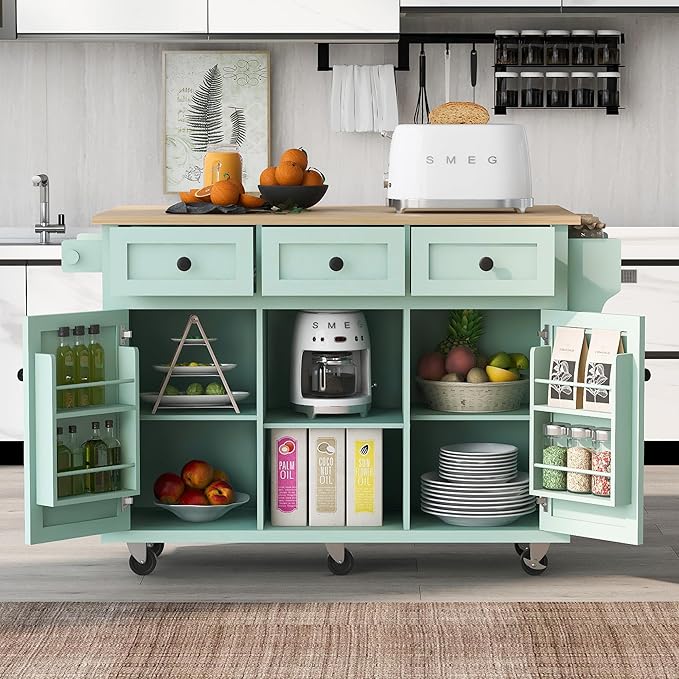 Rolling Kitchen Island with 2 Bar Stools, Drop Leaf, Cabinet Door Storage Racks & 3 Drawers, Mobile Kitchen Cart with Rubberwood Top & Locking Wheels for Dining Room & Kitchen, 53-Inch, Mint Green