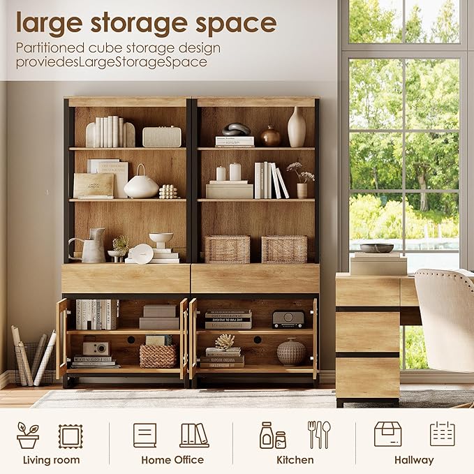 WAMPAT 4 PCS Modern 72" Tall Bookcase with 4 Drawers and Open Book Shelfs, Library Book Shelf with Storage Cabinet and Glass Doors, Wood Freestanding Bookshelves for Home Office, Living Room, Oak