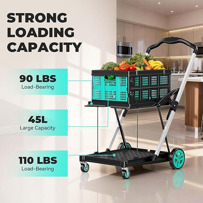 Collapsible Shopping Cart with Wheels, 6-in-1 200LBS Capacity Grocery Cart on Wheels with 1 Storage Crate, Folding Utility Cart for Shopping, Travel, Supermarket, Office, Teal
