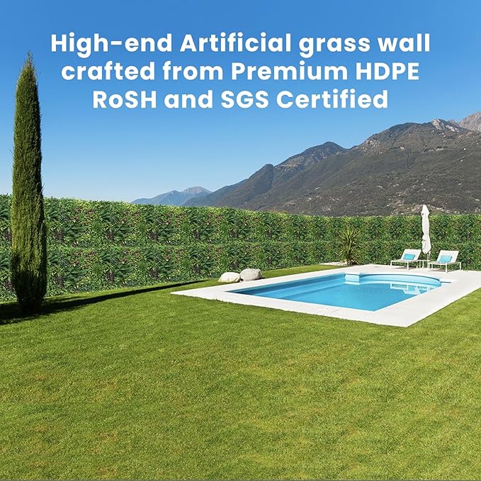 Artificial Grass Wall Panels for Indoor Outdoor, 40"x40" (11.09 Sq.Ft), 3D Boxwood Panels, Greenery Wall Backdrop for Home Living & Wedding Event Decor with DIY 60 PCS Flower,100 PCS Zip Ties