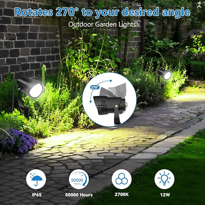 HIBOITEC 12W Spot Lights Outdoor 120V Landscape Lighting Waterproof Spotlight with 4.9ft 3-Plug LED Plug in Landscape Lights for Yard Gardern Decorations 5000K 2Packs