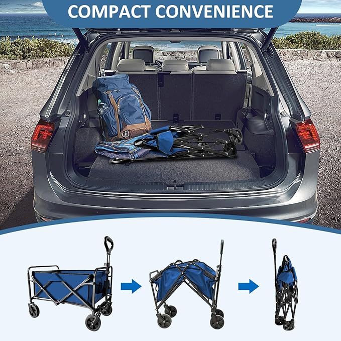 Collapsible Utility Cart Folding Wagon, 220 lbs Capacity Lightweight Rolling Cart with Quiet Wheels, Quick-Fold Design for Camping, Shopping, Ourdoor Use, Blue