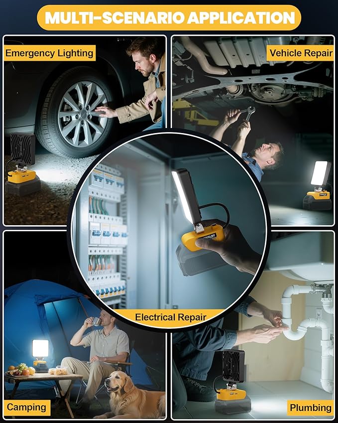 LIVOWALNY 30W LED Work Lights Compatible with Dewalt Battery, 2PCS 3000LM Flashlight with USB A & USB C Output Port Low Voltage Protection, Cordless Portable Floodlight for Camping, Emergency, Outdoor