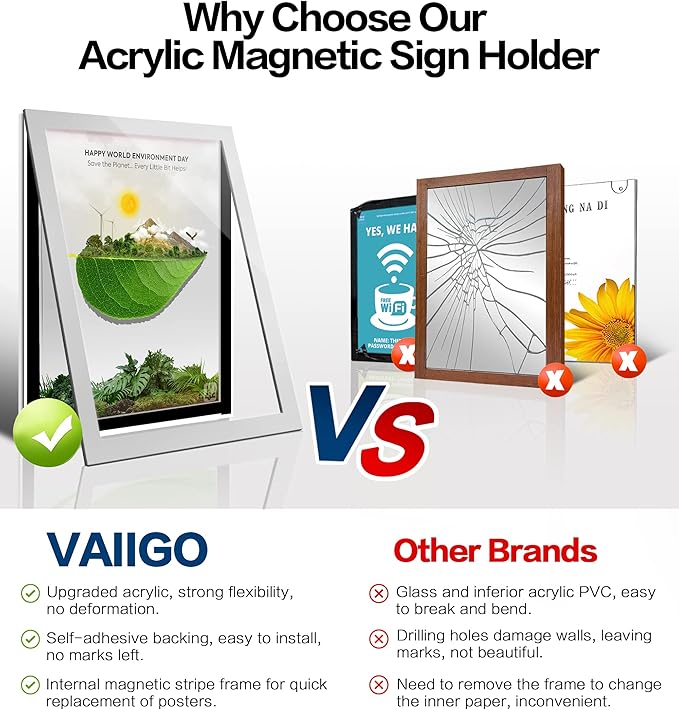 Acrylic Sign Holder 8.5" x 11" Wall Mount, Self Adhesive Magnetic Display Frame with Nano Tape, Plastic Clear Document Frame for Office, Store, School, Home, Wall Picture Frame (Silver, 5Pack)