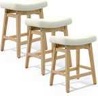 Counter Height Bar Stools Set of 3 for Kitchen Counter Backless Farmhouse Kitchen Island Barstools with Upholstered Faux Leather Saddle Seat and Solid Wood Legs Modern 24 inch Bar Chairs, White
