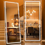 Full Length Mirror with Lights, 71" x 28" LED Lighted Floor Standing Body Mirror, Dimmable & 3 Color Lighting for Bedroom, Cloakroom, Dressing Room, Tempered Glass, Square White