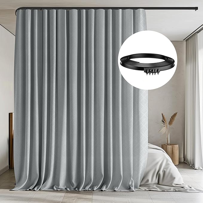 Room Divider Curtains with Flexible Ceiling Tracks Set,Blackout Curtain Ceiling Mount Curtain Track Privacy Room Dividers Ceiling Track Curtain Rod(Grey Drape & Black Rail W 15 × H 7 FT)