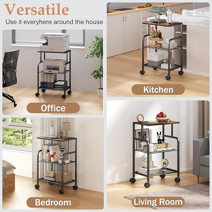 Printer Cart with Wheels,Small Printer Stand with Storage, Printer Table for Home Office, 3 Tier Cart with Adjustable Shelf, Supports Up to 80 Lbs for Home Office, Kitchen, Living Room
