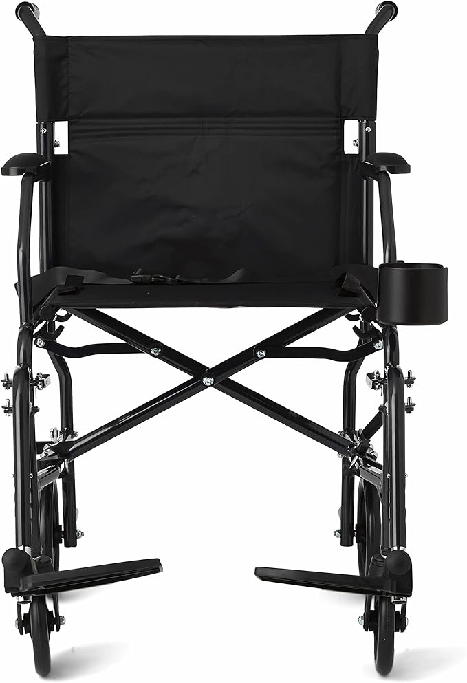 Medline Ultra Lightweight Transport Wheelchair for Adults, Foldable, 19-Inch Seat Width, Black Frame, Black Upholstery