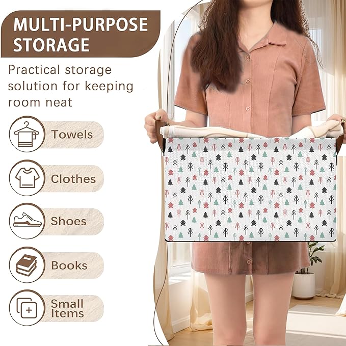 Foldable Collapsible Storage Bin with Pine Tree Design-17x11.5x10.5 Inch Organizer Basket for Home, Closet, Nursery-Single Pack, No Lid Space-Saving Storage Box