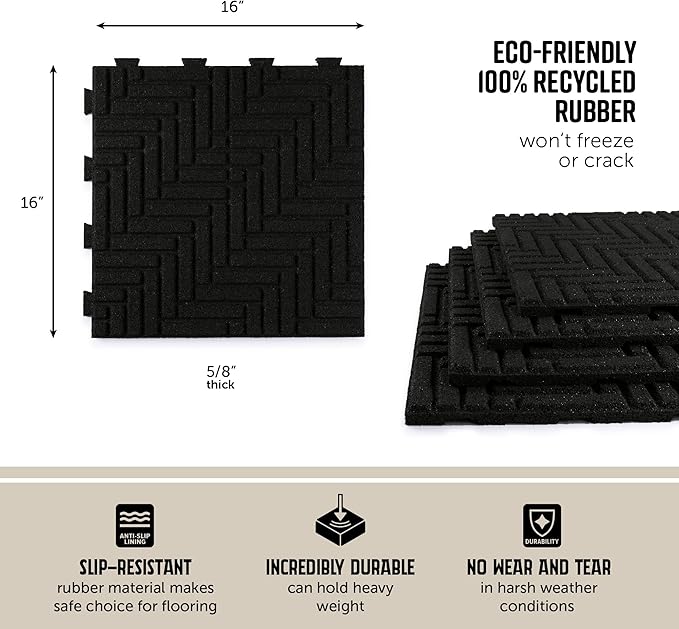 Playsafer Herringbone Rubber Interlocking Tiles | 16 X 16 | Easy Install for Indoor and Outdoor Use (Black, 10 Tiles)