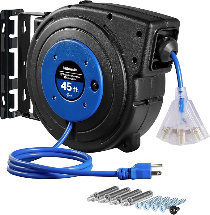 Retractable Extension Cord Reel, 45 FT Heavy Duty Power Cord, 12AWG/3C SJTOW, 3 Grounded Outlets Lighted Triple Tap, 15 Amp Circuit Breaker, UL Listed, Blue U45CR06