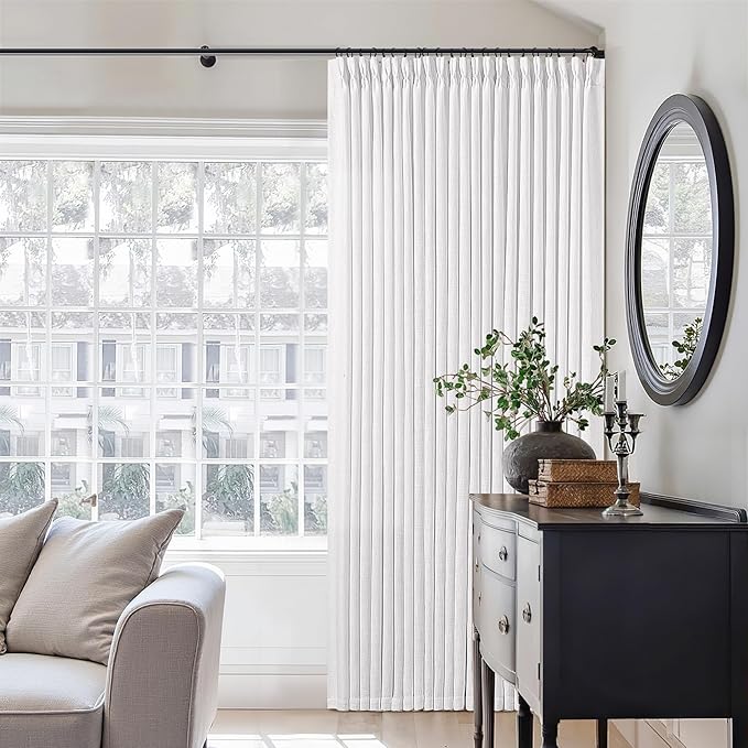 Pinch Pleated Linen 96 Inch Curtains 70 Inch Width for Living Room Divider Light Filtering Thick Linen White Extra Wide Patio Curtains for Sliding Door Balcony Floor to Ceiling Picture Window 1 Panel