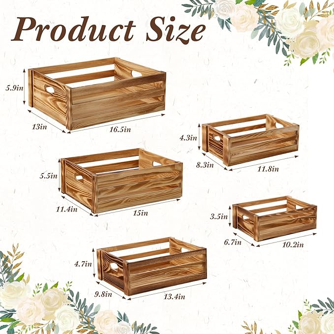 5 Pack Decorative Wood Crates for Display 5 Sizes Rustic Nesting Wooden Crates Vintage Storage Container Boxes with Handles Handmade Decorative Baskets Bin for Farmhouse (Classic Color)