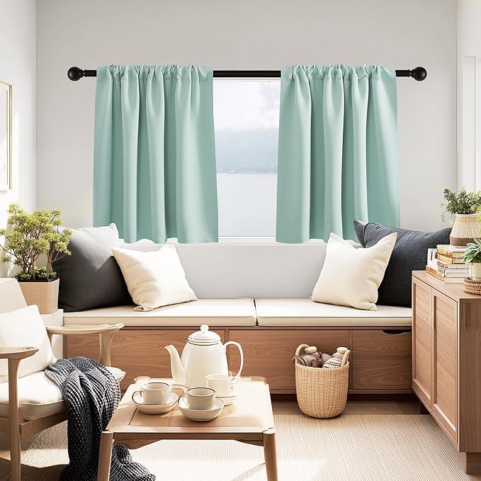 PONY DANCE Aqua Blue Small Window Curtains for Kitchen Over Sink 24 inch Length, Black Out Camper Curtains for RV, Thermal Insulated Rod Pocket Short Drapes, W 29 x L 24 inches,2 Panels
