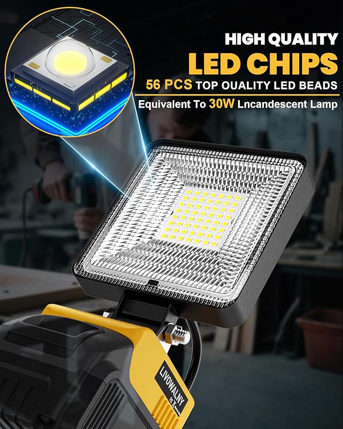 LIVOWALNY 30W LED Work Lights Compatible with Dewalt Battery, 2PCS 3000LM Flashlight with USB A & USB C Output Port Low Voltage Protection, Cordless Portable Floodlight for Camping, Emergency, Outdoor