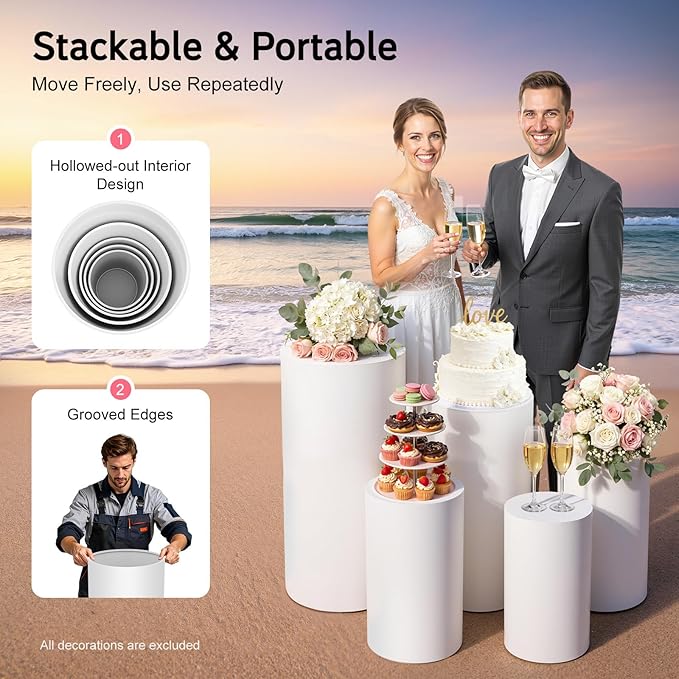 5 Pcs Metal Pleated Cylinder Pedestal Stands for Party, Cylindrical Dessert Display Stands, for Wedding Birthday Party 20'', 21.5'', 23.5'', 29.5'', 35.5'' H