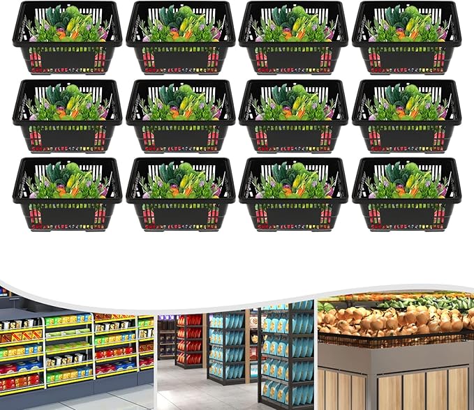 12 Pack Commercial Shopping Baskets - 21L Black Nesting Stackable Bins with Invisible Handle for Retail, Supermarket, Warehouse Durable Store Basket (Black-21L)