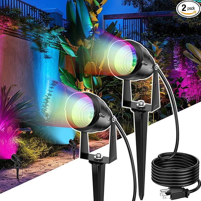 1500LM LED High Brightness Outdoor Landscape Lighting 15W RGB Color Changing Landscape Lights Remote Control Spot-Lights with Plug in IP66 Waterproof Flood Light for Garden - 2 Pack