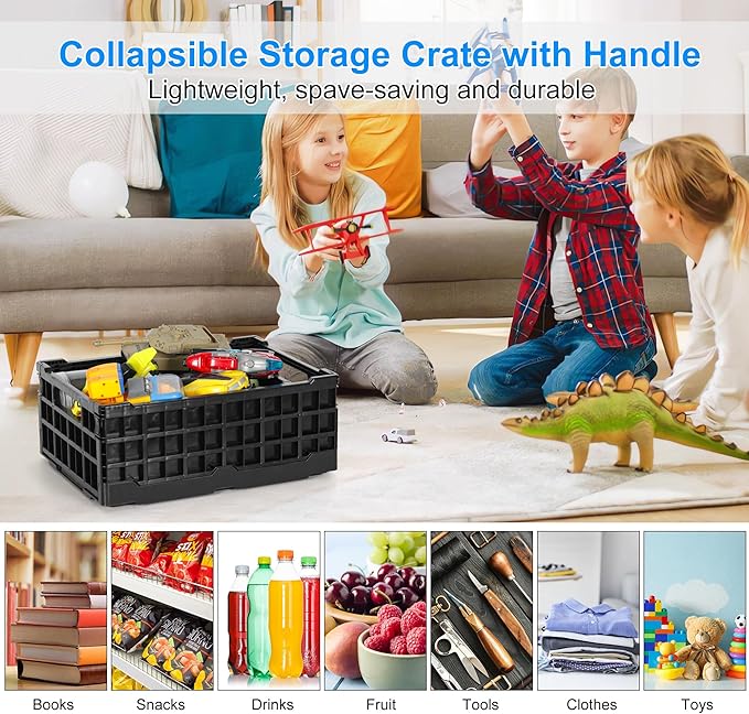 4-Pack Heavy Duty Stackable Storage Crates Plastic Collapsible Milk Crate Garage Organizing Bins Storage Containers for Home Office Moving Supplies, Black