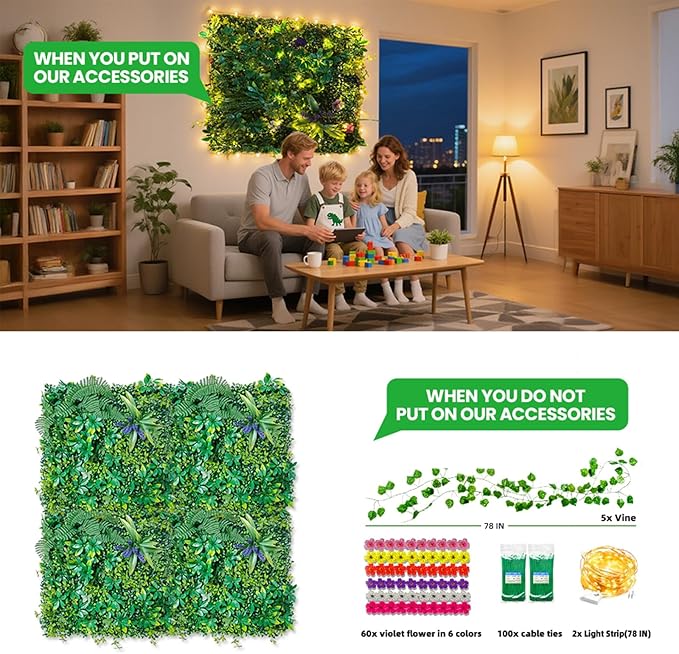 Artificial Boxwood Panel 20"x20" 6 Pieces, Green Grass Wall Backdrop for Fence Patio Backrop Balcony, Faux Ivy Privacy Fence Screen, 5 PCS Vines, 60 PCS Violet Flower, 2 PCS Light Strip