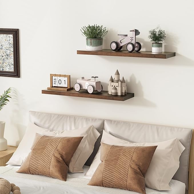 fuqing 24 Inch Floating Shelves Set of 2, Rustic Solid Wood Wall Mounted Shelves for Decor & Storage, Dark Walnut Shelves for Bedroom Kitchen Living Room - Dark Walnut