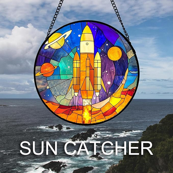 Stained Glass Window Hanging Abstract Universe Planetary Rocket Large 11.8" - Suncatcher Door Garden Sun Catcher Home Decor Birthday Children's for Men Teenage Boys Kids