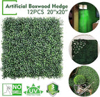 12PCS 20"x20" Artificial Boxwood Panels Topiary Hedge Plant UV Protected Faux Grass Wall Greenery Mats for Outdoor Garden Fence Backyard and Indoor Home Wedding Decoration, Dark Green