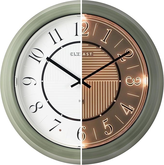 CLXEAST 14" LED Illuminated in/Outdoor Atomic Analog Wall Clock with Night Light,Coastal Beach Nautical Wall Clocks for Living Room Decor, Olive Sage Green Decor