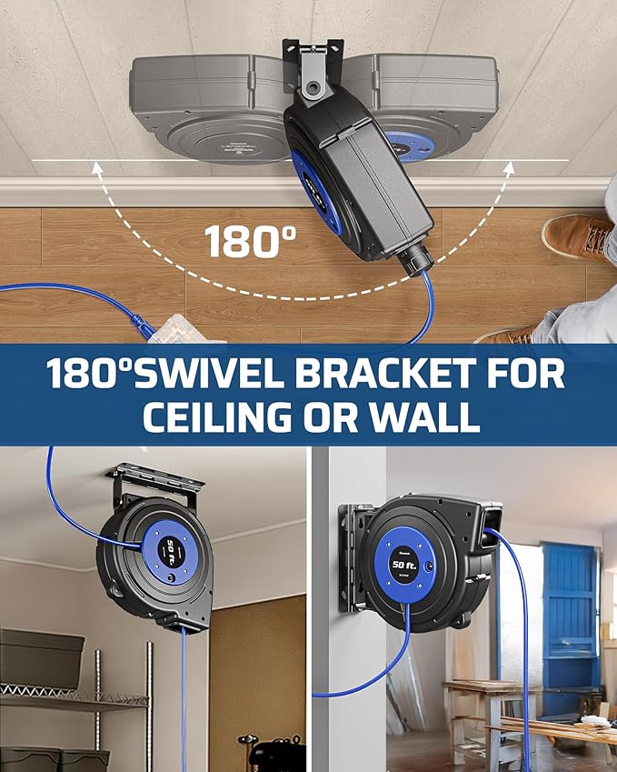 DEWENWILS 50FT Extension Cord Reel, Retractable Extension Cord Reel, Twist-lock Stopper, 14/3C SJTOW, 6 Grounded Outlets, 13A Circuit Breaker, Heavy Duty Power Cord, ETL Listed