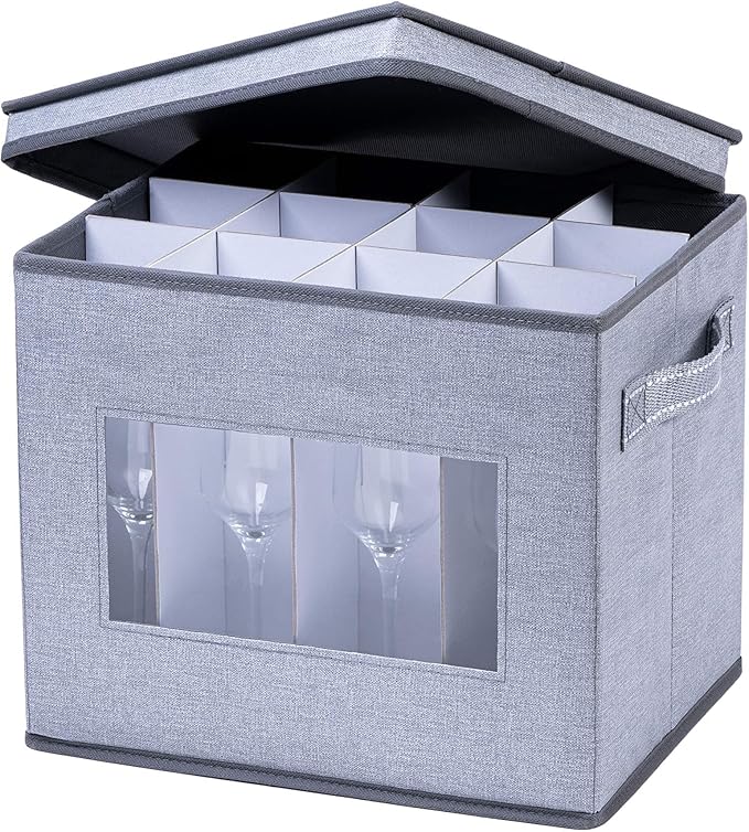 VENO 1 Pack Champagne Flute Glass Storage Box, Stemware Storage Case Hard Shell, Christmas Holiday Ornaments China Container with Dividers and Handles, for Moving Crystal Wine Glassware (12 Glasses)