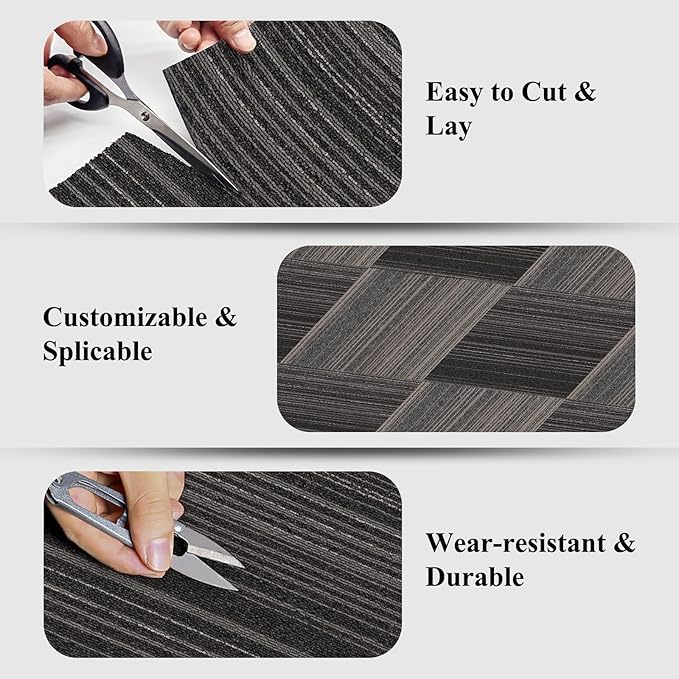 24 Tiles 20 X 20 Inch Carpet Tiles Floor, Carpet Squares for Living Room Bedroom Office, Stripe Dark Grey (64.5 Sq.Ft per Box)