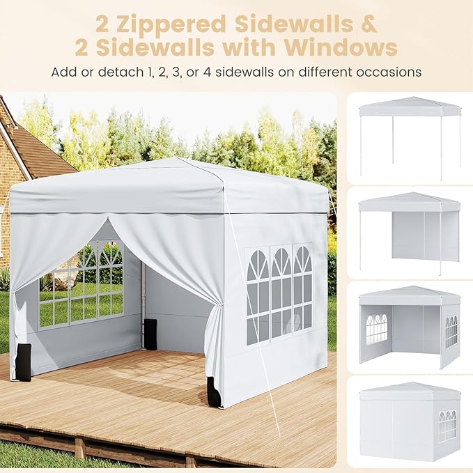Tangkula 10x10 FT Pop Up Canopy, Outdoor Canopy Tent with 2 Removable Sidewalls & 2 Zippered Doors, Heavy-Duty Carbon Steel Frame, Wheeled Bag, 4 Sandbags, 8 Stakes, 4 Wind Ropes for Party Event