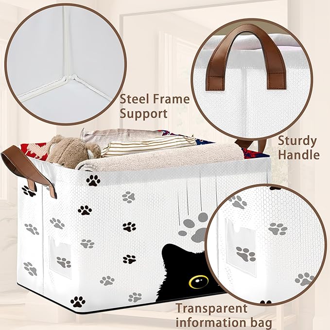 Black Cat Storage Basket Large 17x11.5x10.5 Inche-Collapsible Fabric Organizer Bin with Handles for Halloween Decor, Pet Lovers,Gothic Theme-Decorative Hamper with Minimalist Feline Design-Single Pack