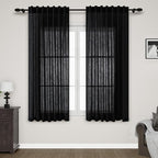 Nanspring Black Linen Textured Curtains for Living Room 60 Inches Long 2 Panels Set Back Tab Rod Pocket for Bedroom Kitchen Short Semi Sheer Light Filtering Protect Privacy Window Drapes W52xL60