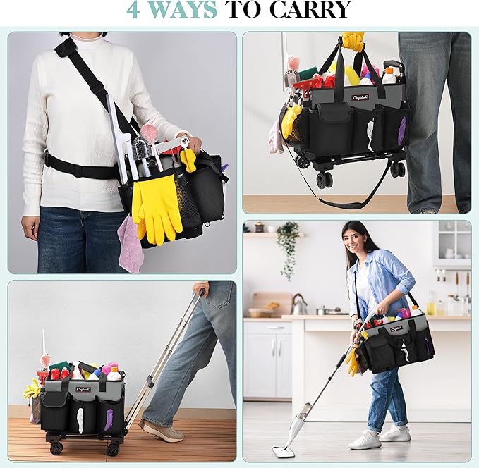 Rolling Cleaning Caddy, Cleaning Supplies Organizer with Trolley, Wearable Cleaning Tote Bag on Wheels with Hard Bottom, Cleaning Carts for Housekeepers/Home/Car/Office/Picnic (Grey)