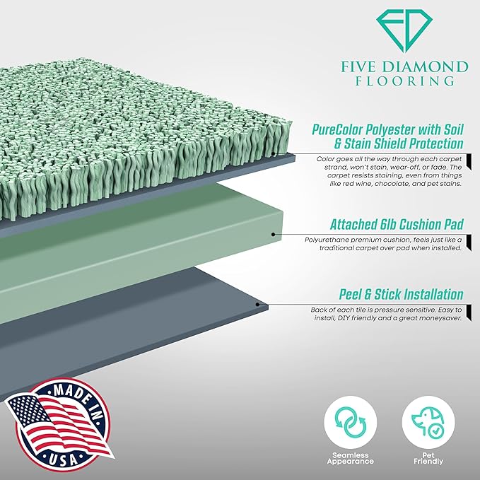 Feather Peel and Stick Carpet Tiles, Attached Cushion, Easy DIY Install, Soft Residential Carpet, American Made, Seamless Appearance, Plush (10 Tiles - 22.5 Square Feet) (Flight, 18x18)