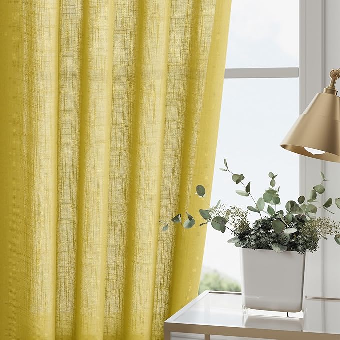 Celery Yellow Curtains 96 Inch Long 2 Panels Set Back Tab Rod Pocket Linen Blend Textured Semi Sheer Light Filtering Boho Decor Curtains Aesthetic Room Decor for Bedroom and Living Room 8Ft 52x96 Inch