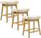 Counter Height Bar Stools Set of 3 for Kitchen Counter, Backless Farmhouse Kitchen Island Barstools with Upholstered Fabric Saddle Seat and Solid Wood Legs Modern 24 inch Bar Chairs, Khaki